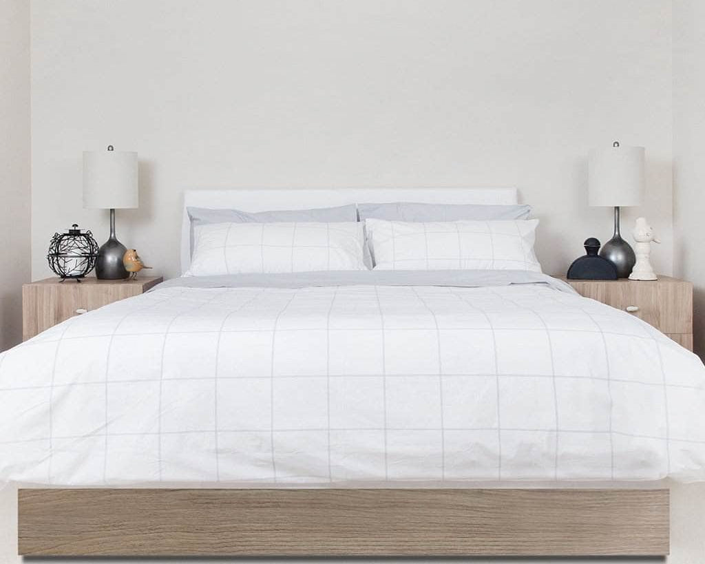 Bed with Essential Collection Percale Sheet Set in Light Grey Frame 